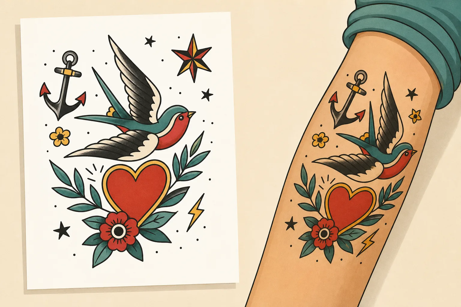 Illustration som jämför en bildfil med vit bakgrund med samma motiv på en underarm, där de vita partierna är genomskinliga och huden syns igenom.