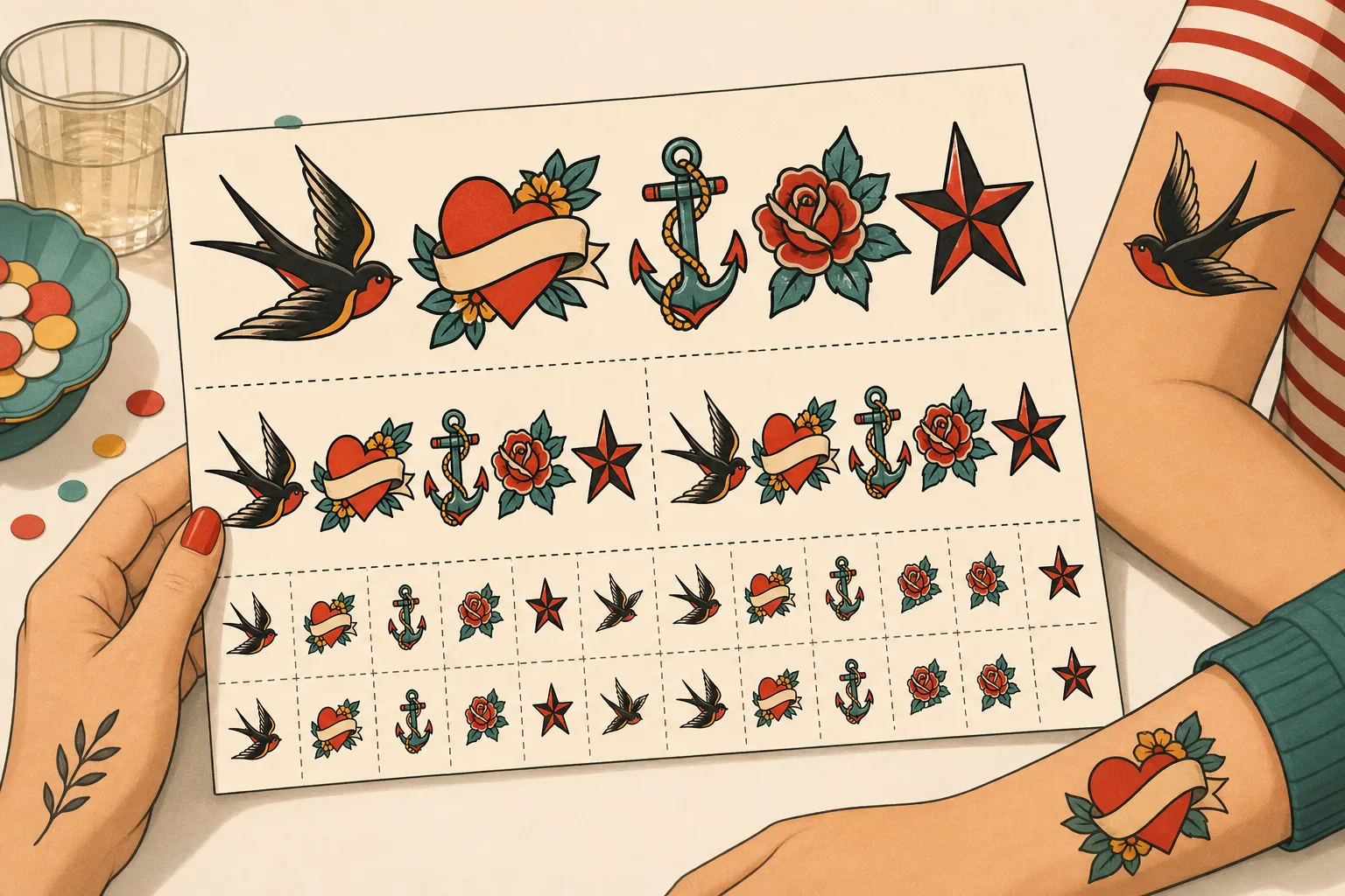Illustrerat ark med tillfälliga tatueringar där samma korta text är tryckt i tre olika bredder, med streckade klipplinjer mellan motiven.