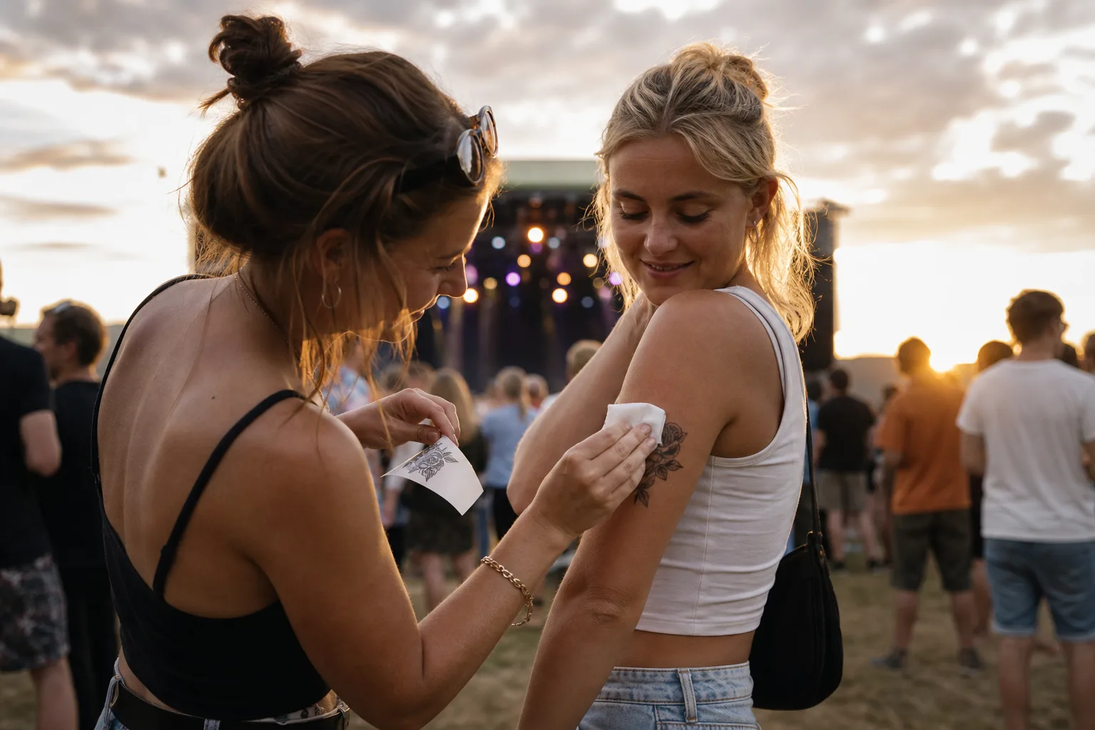 Två festivalbesökare i kvällsljus där den ena trycker en fuktad servett mot ett tatueringsmotiv på den andras överarm.