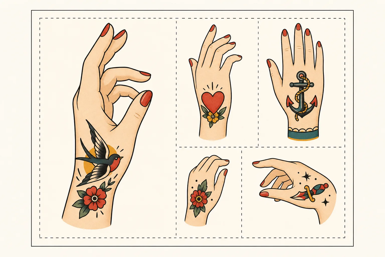 Illustrerat A5-ark med fem tatueringsmotiv i samma handstil, placerade innanför en markerad tryckyta med marginal runt om.