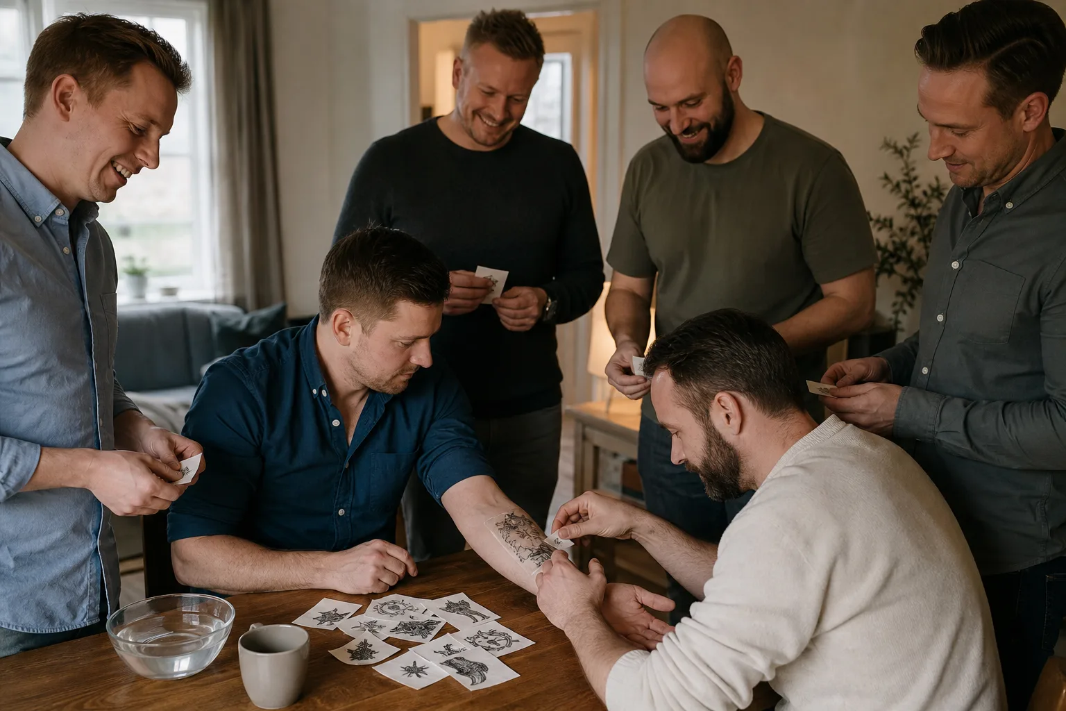 En vän trycker fast ett stort tillfälligt tatueringsmotiv på brudgummens underarm medan resten av sällskapet står runt bordet.