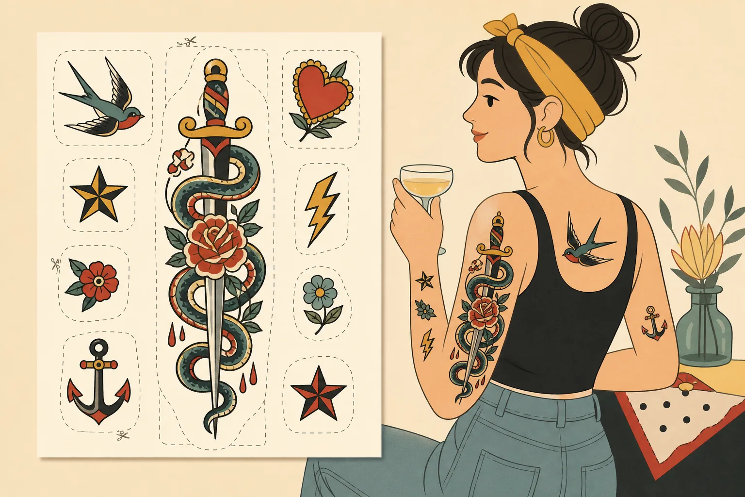 Illustrerat ark med tillfälliga tatueringar i old school-stil, ett stort långsmalt motiv och flera små symboler i olika storlekar.