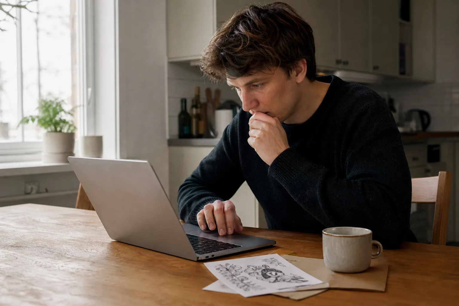 En person vid ett köksbord granskar stavningen i sitt egendesignade tatueringsmotiv på en laptopskärm, med ett ark tillfälliga tatueringar liggande bredvid.