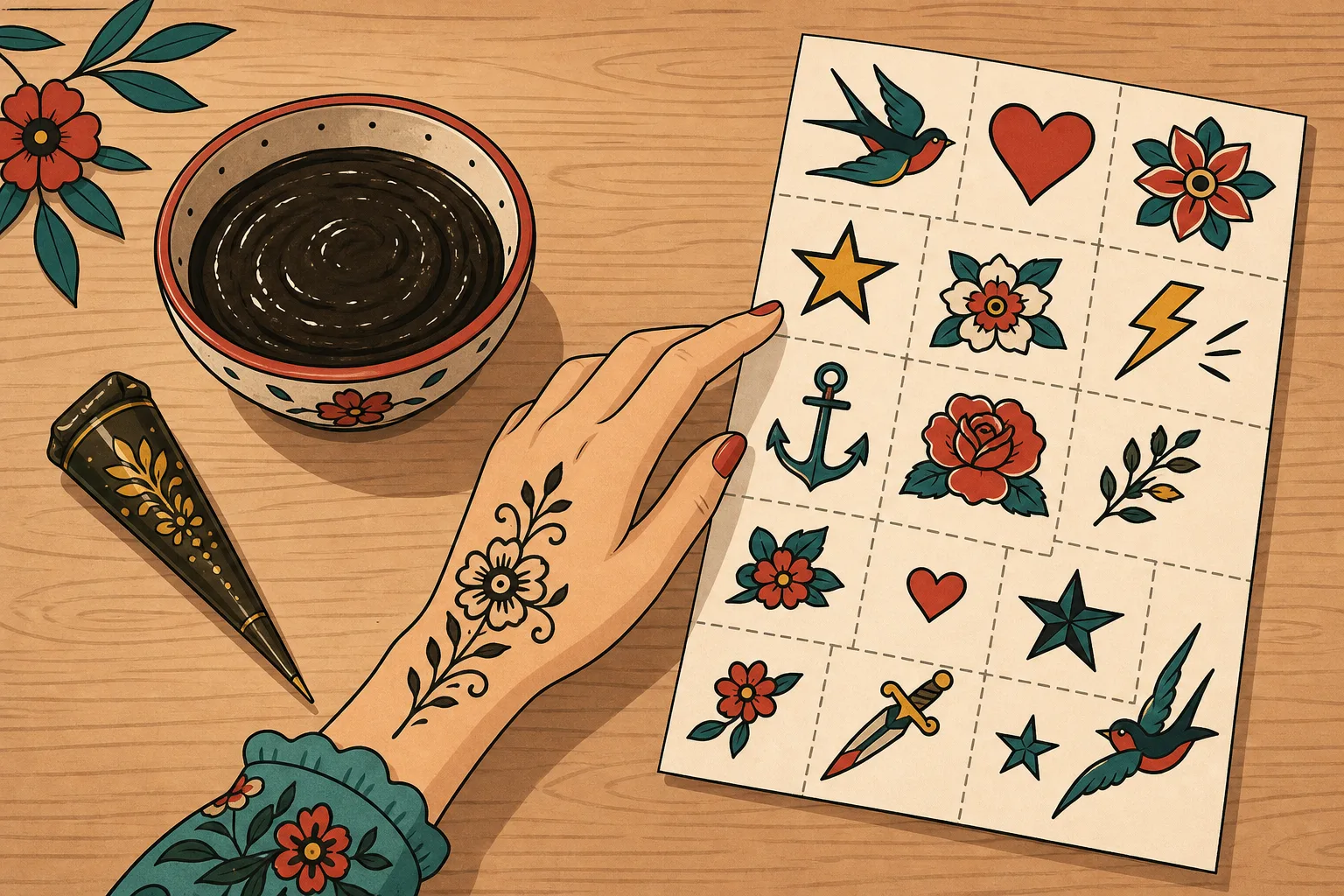 Illustration sedd uppifrån av ett bord med en skål hennapasta och kon till vänster och ett färdigtryckt tatueringsark till höger, där en hand sträcker sig mot arket.
