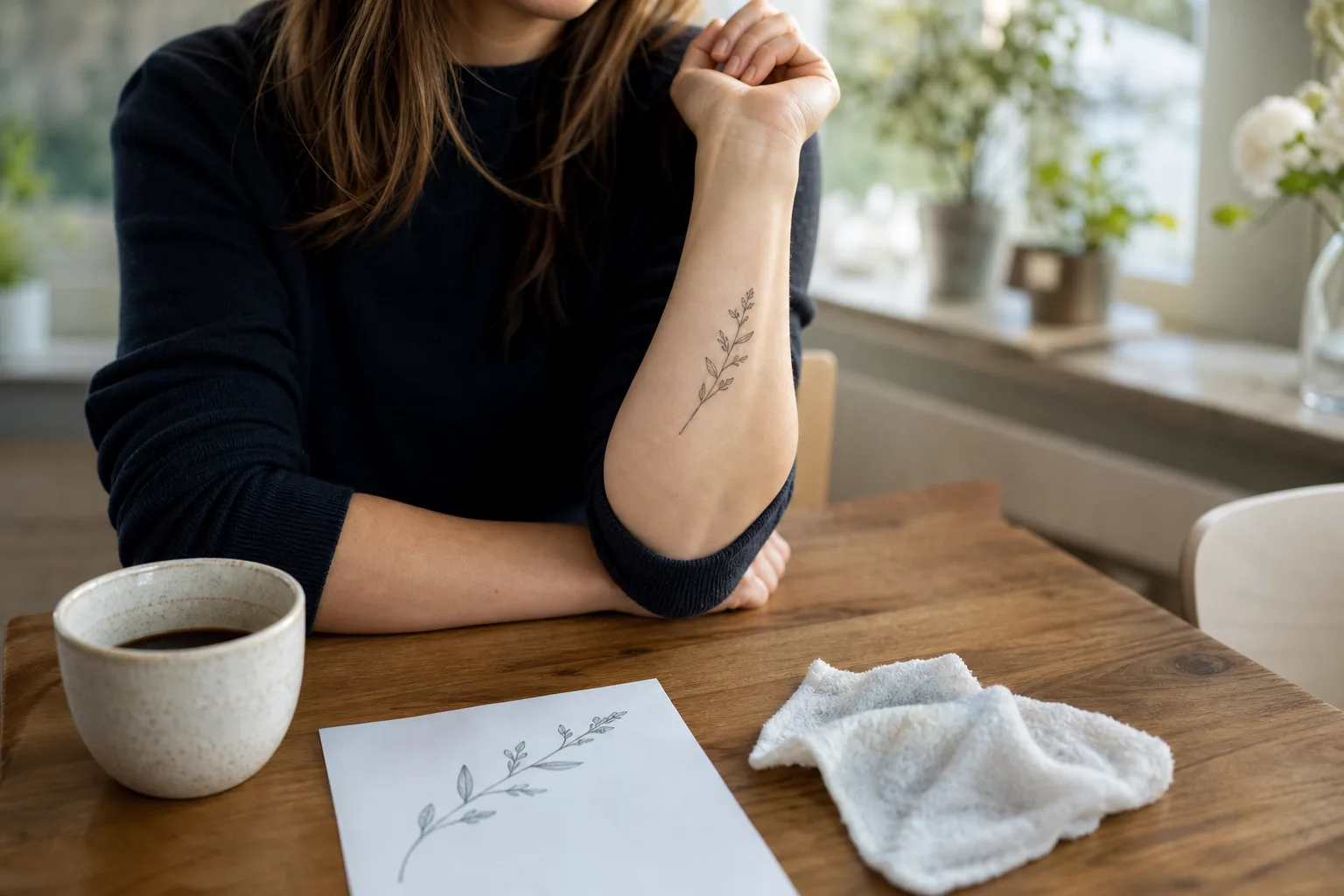Vuxen person jämför en tillfällig tatuering på underarmen med en tatueringsskiss på ett papper på bordet framför sig.
