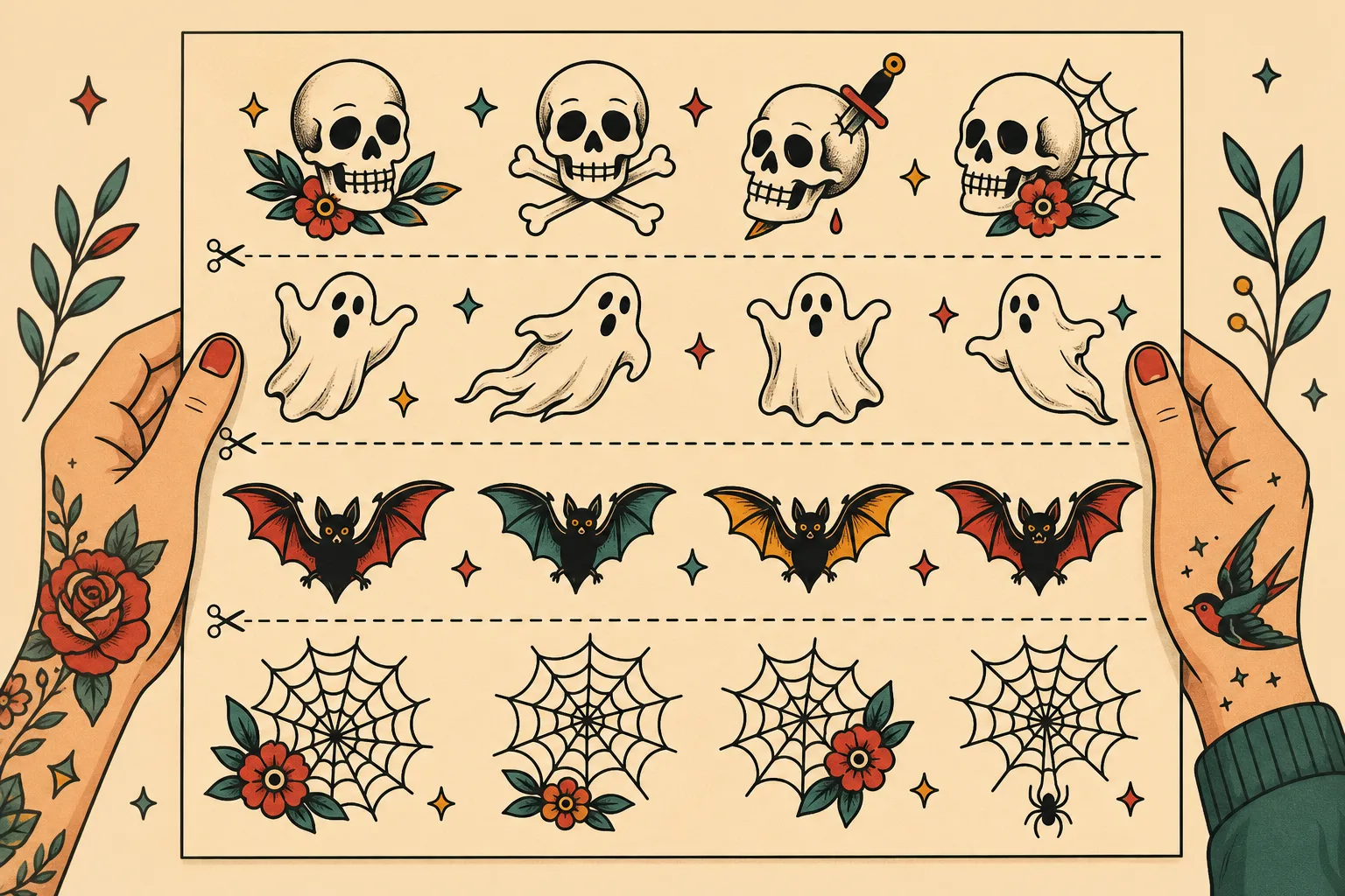 Ett illustrerat ark med tillfälliga tatueringar där halloweenmotiv som dödskalle, spöke, fladdermus och nät ligger ordnade i rader med streckade klipplinjer mellan sig.
