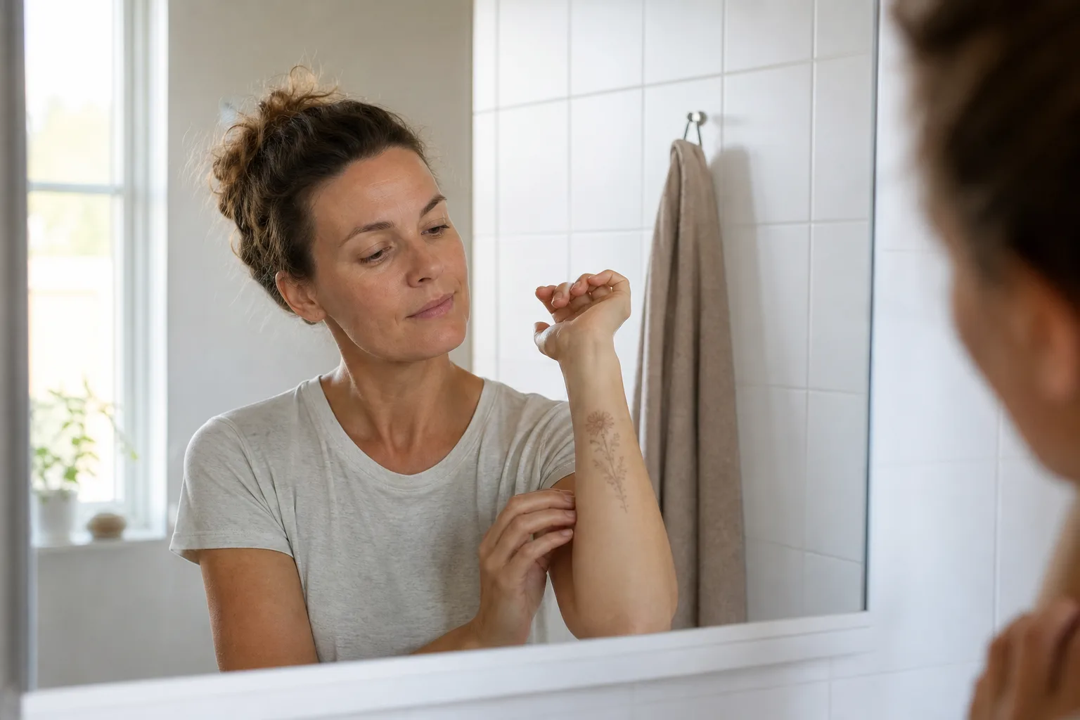 En person betraktar en blekare tillfällig tatuering på underarmen framför badrumsspegeln några dagar efter att den applicerades.