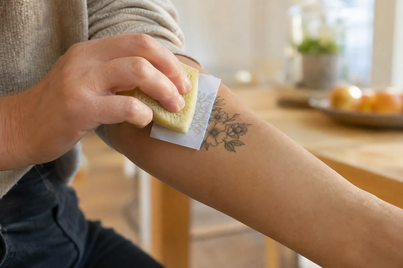 En hand trycker en fuktad svamp mot ett tatueringsark på en underarm, med pappret delvis avdraget så det överförda motivet syns på huden.