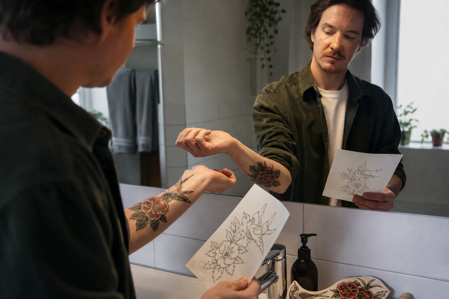 Vuxen person framför badrumsspegeln håller upp underarmen med ett tillfälligt old school-tatueringsmotiv, medan andra handen håller en handritad motivskiss på papper.