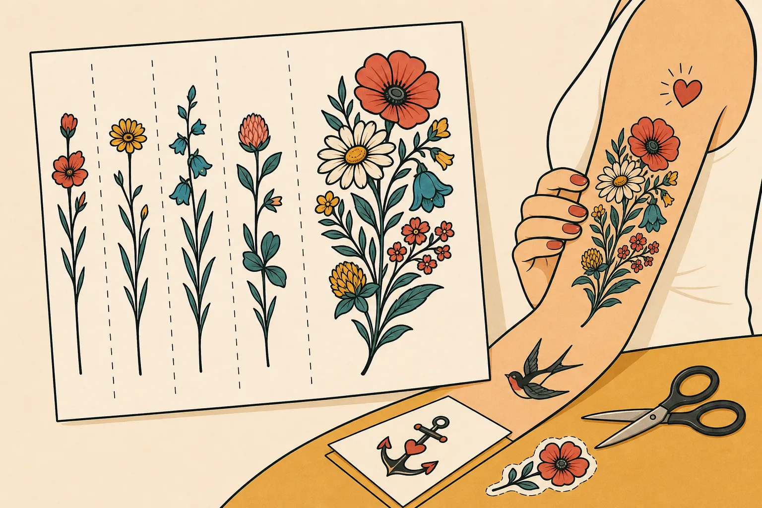 Illustrerat ark med blommotiv i olika bredder, från smala stjälkar till en bred blomklase, med streckade klipplinjer mellan motiven.