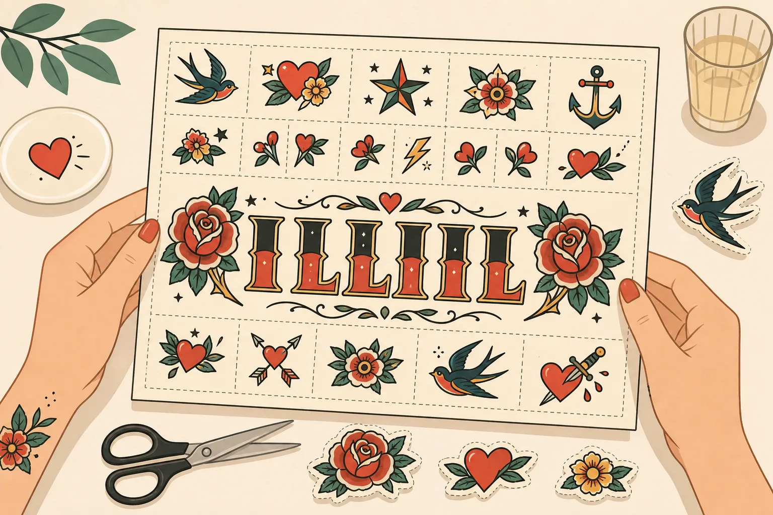 Illustrerat ark med tillfälliga tatueringar i form av bokstäver: ett namn i breda versaler och flera små monogram i olika storlekar.