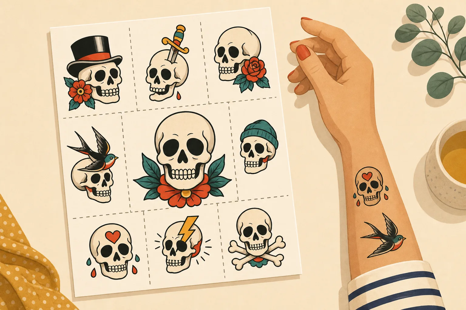 Illustrerat ark med tillfälliga tatueringar där flera olika dödskallemotiv i old school-stil ligger i rader, ett stort och flera små, med streckade klipplinjer emellan.