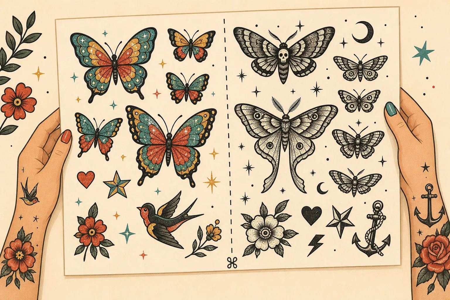 Illustrerat ark med tillfälliga tatueringar där färgglada glitterfjärilar och mörka nattfjärilar ligger i olika storlekar med streckade klipplinjer mellan motiven.