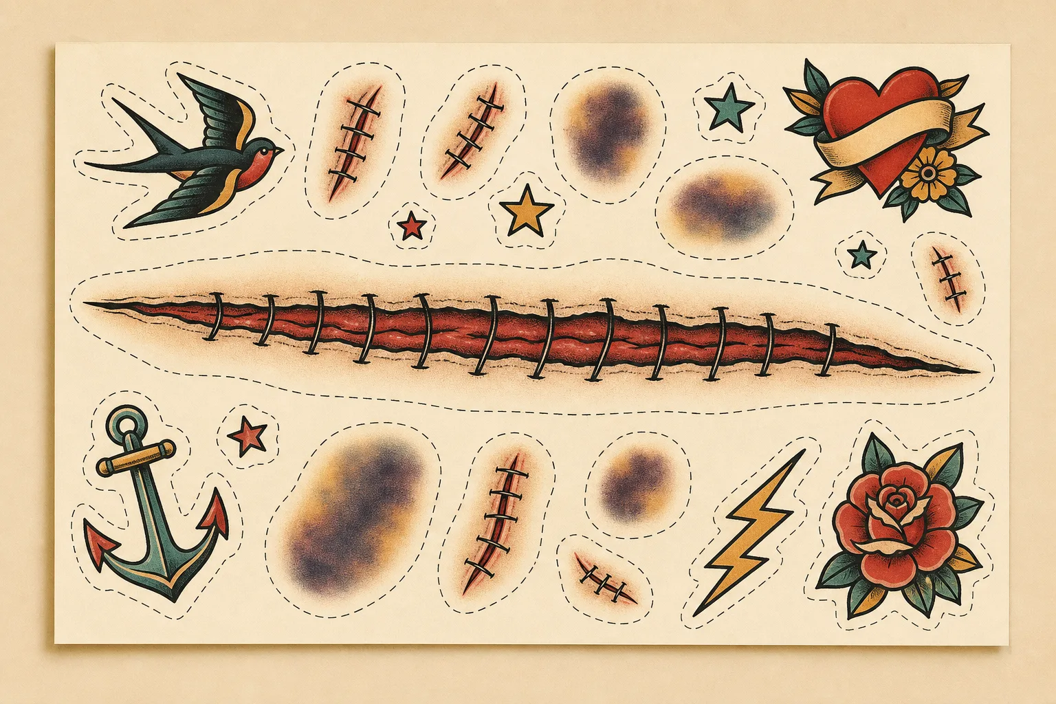 Illustrerat ark med tillfälliga tatueringar föreställande stygn, rivsår och blåmärken i olika storlekar, med streckade klipplinjer mellan motiven.