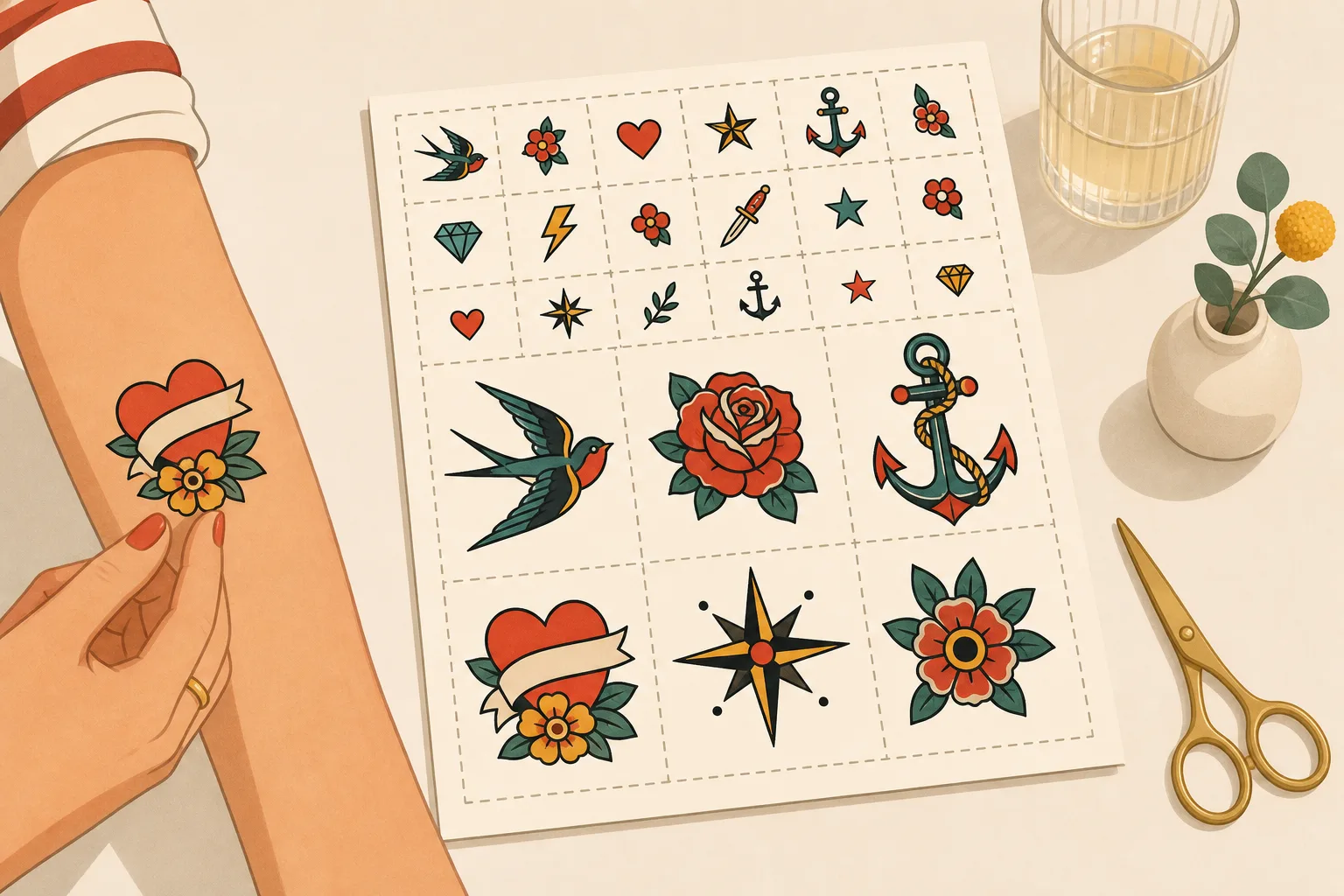 Illustrerat ark med utklippbara tatueringsmotiv i rött, turkost och gult, med streckade klipplinjer mellan motiven.