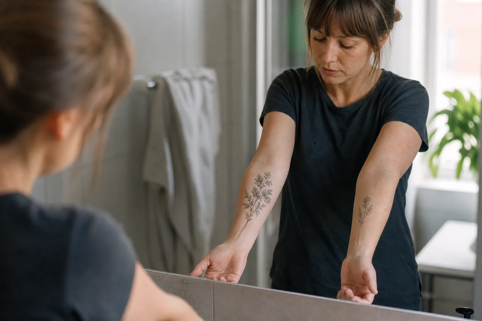 Vuxen person håller upp underarmen framför en badrumsspegel och jämför två tillfälliga tatueringar i olika storlek.